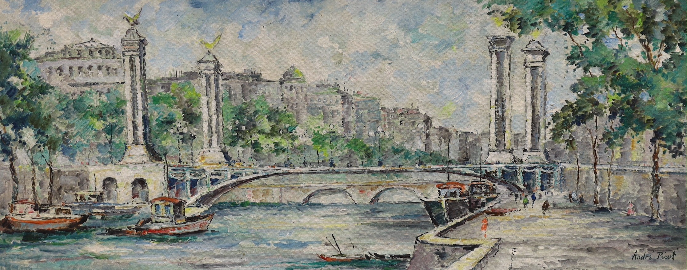 André Picot (1910-1992), four oils on board, Views of Paris, signed, 76 x 30cm and 30 x 76cm